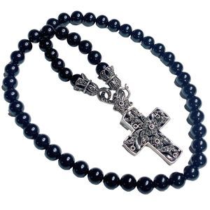 925 Sterling Silver Ornate Marcasite Cross Pendant in Onyx Beads Necklace
